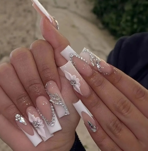 Hot Selling Pink Flower Artificial Nails Long Coffin Press on Nails