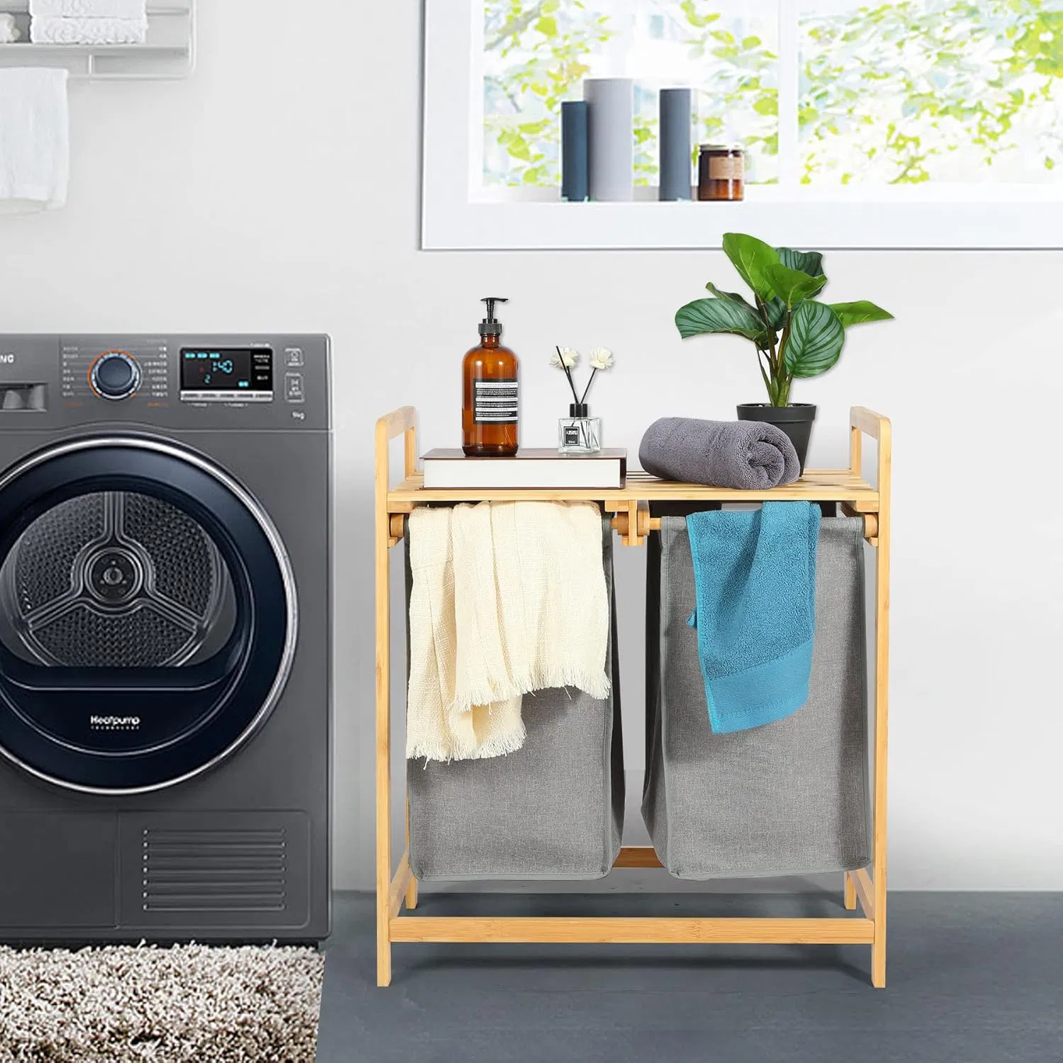 Household Bamboo Tape Rack Double-Draw Laundry Basket Bathroom Removable Laundry Basket