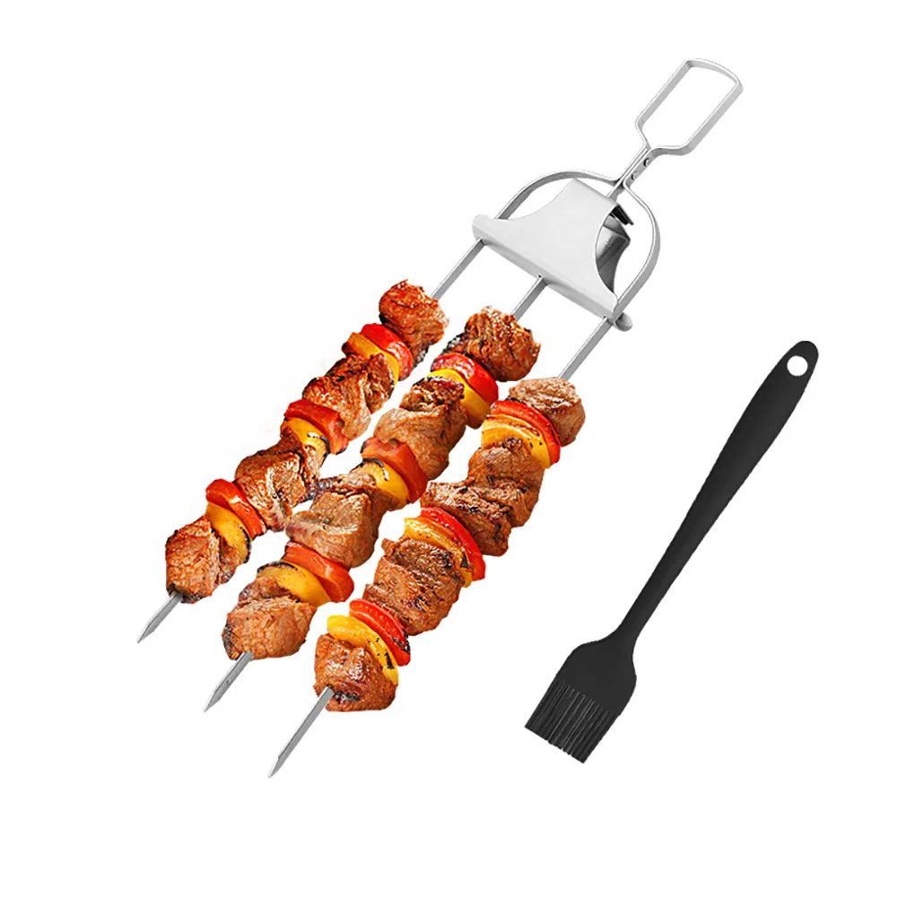 Stainless Steel 3-Way Barbecue Skewers Long Grill Fork with Brush Esg30126