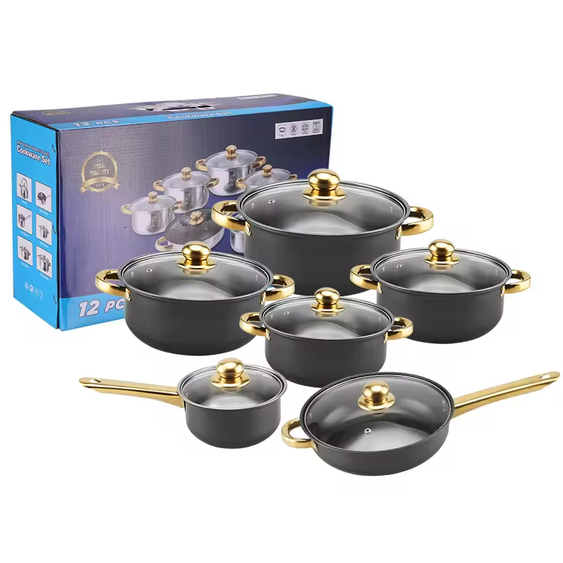 12PCS Stainless Steel Pots and Pans Gold Handle Soup Pots Cooking Pots Milk Casserole Kitchen Cookware Sets