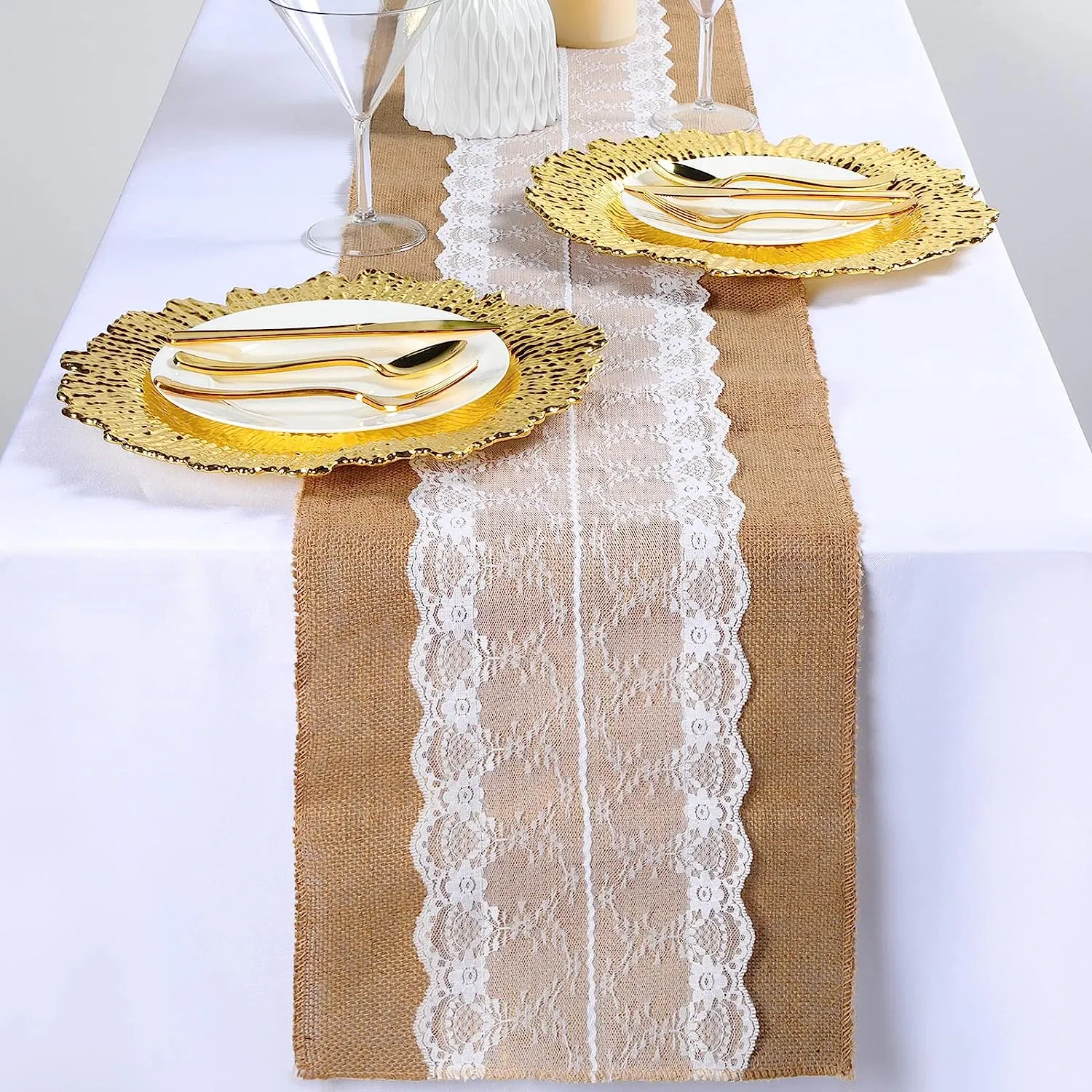 White Lace Natural Fiber Jute Wedding Table Runner
