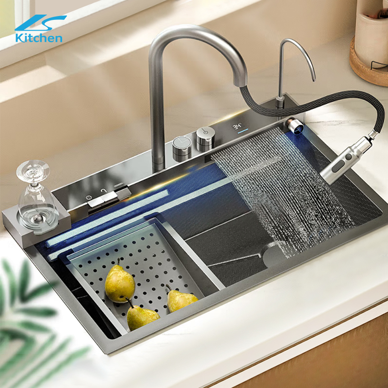 Smart Stainless Steel Kitchen Sink with Multifunctional Waterfall Sink and Faucet