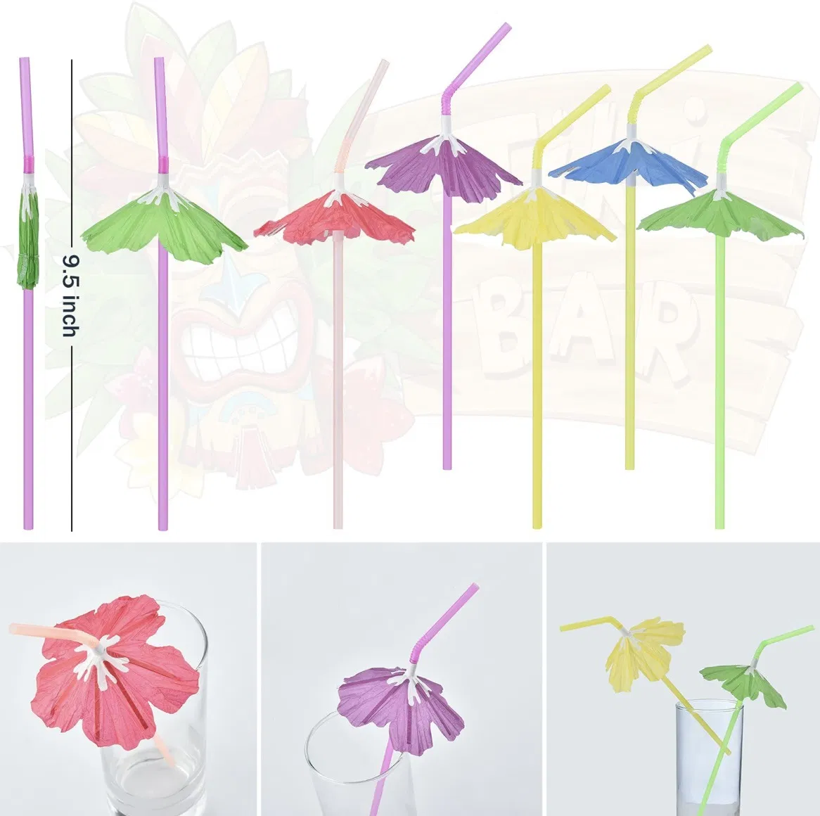 Wholesale Hibiscus Umbrella Straw Long Elastic Cocktail Umbrella Plastic Straw Tropical Hawaii Beach Party Decoration