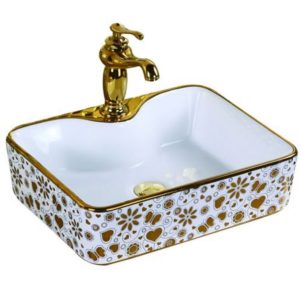 Premium Electroplated with Gold Accents Oval Bathroom Countertop Ceramic Basin