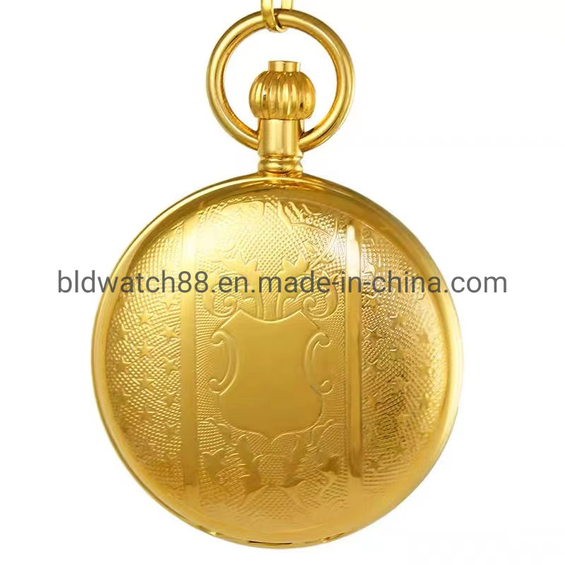 48mm Gold Plated Skeleton Dual Open Pocket Watches with Mechanical Movement