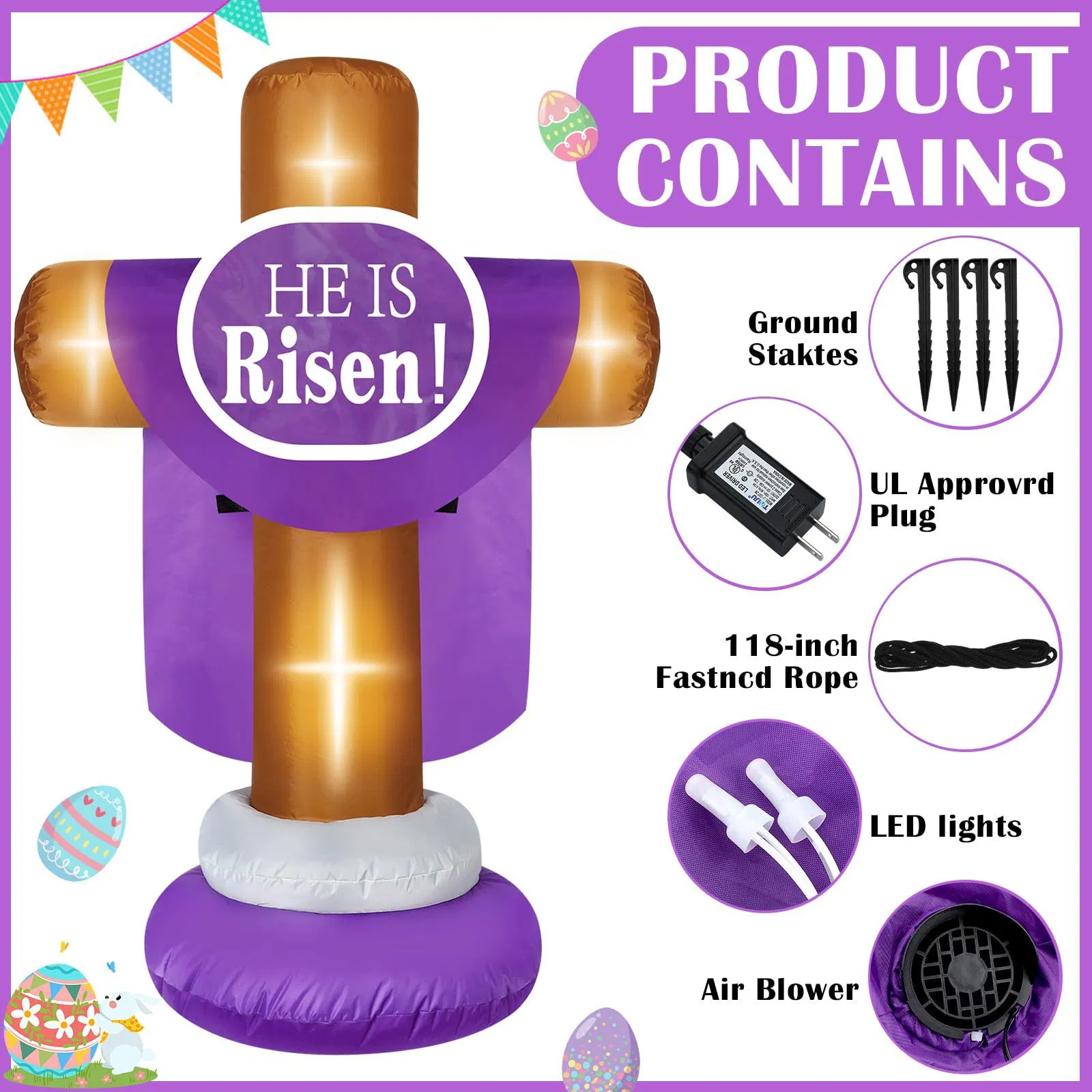 Boyi 6FT Easter Inflatable Outdoor Decoration He Is Risen Inflatables Cross Blow up Decoration