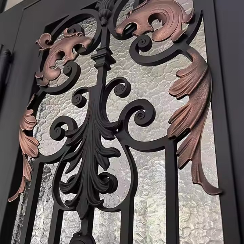 Golden Color Glass Steel Door with Pillar Residential Customized Design Steel Glass Transom Wrought Iron Doors