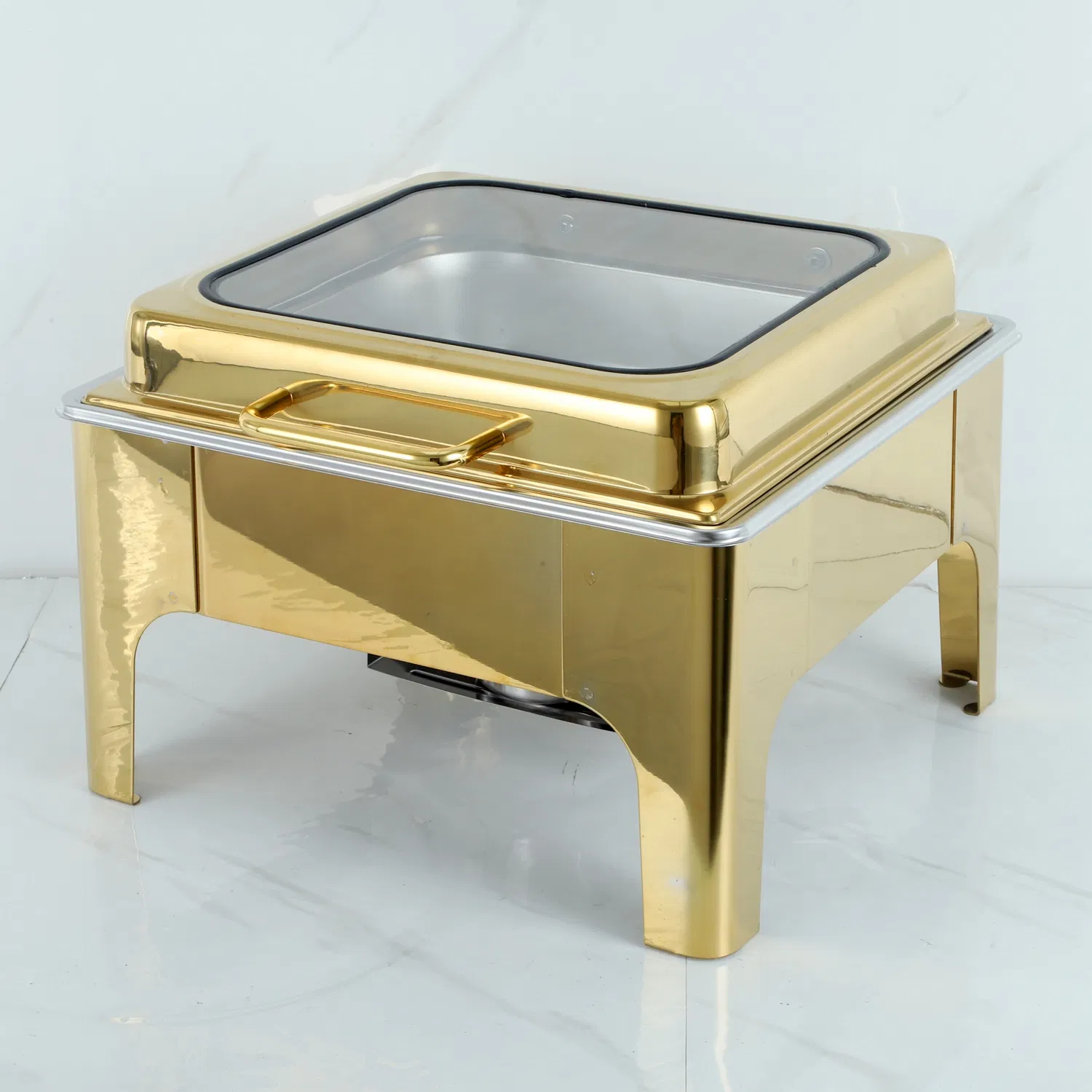 Gold Luxury Commercial Fuel Food Warmer Stainless Steel Chafing Dish with Modern Hotel Restaurant Buffets Square Glass Lid