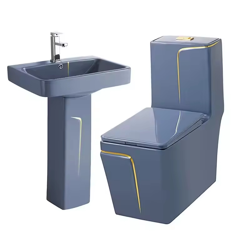 Blue and Golden Line Design Ceramic Bathroom Wc Siphon Flush Toilet Bowl Basin Sanitary Ware Suits Toilets Set