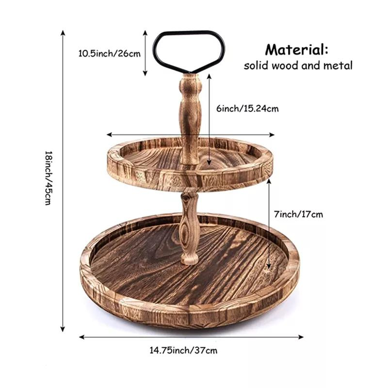 Farmhouse Vintage Distressed Wood Metal Handle 2 Tier Wooden Tray Cake Stand, Rustic Round 2 Tier Wooden Storage Serving Tray