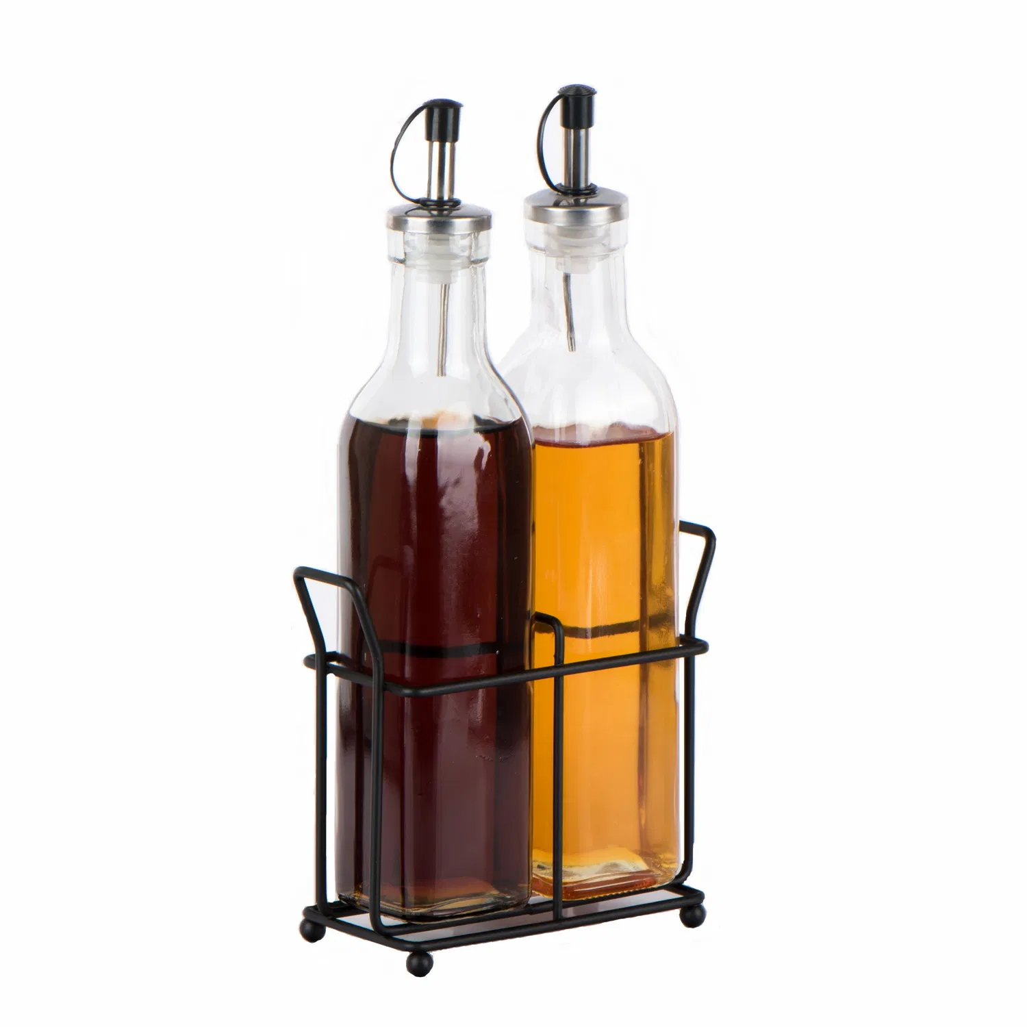 2PCS 280ml Square Glass Oil Vinegar Bottle with Metal Rack Olive Oil Bottle Glass Vinegar Bottle Glass Dressing Set