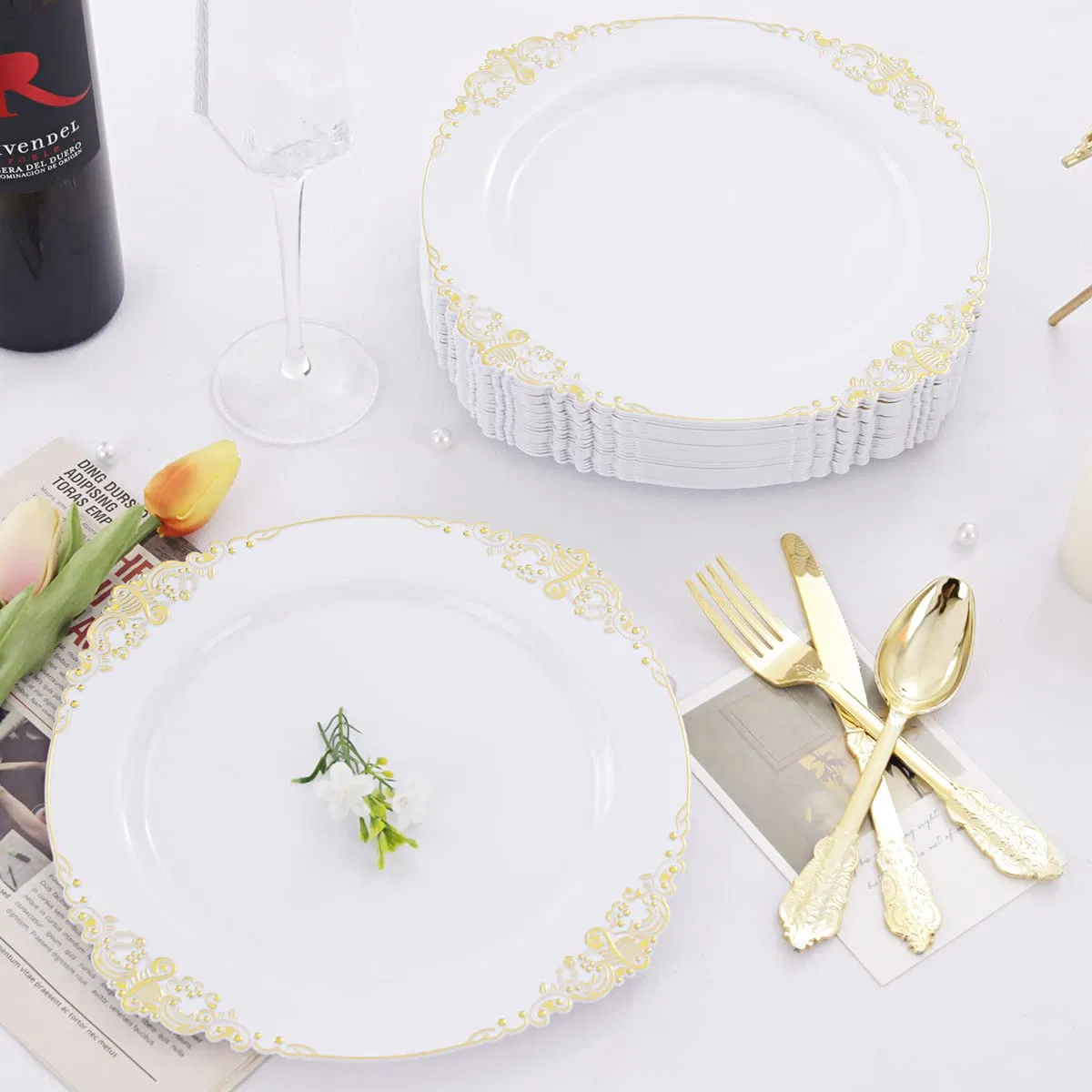 Discount Price Gold White Plates Premium Weddings Parties Heavy Gold Dinner Plates