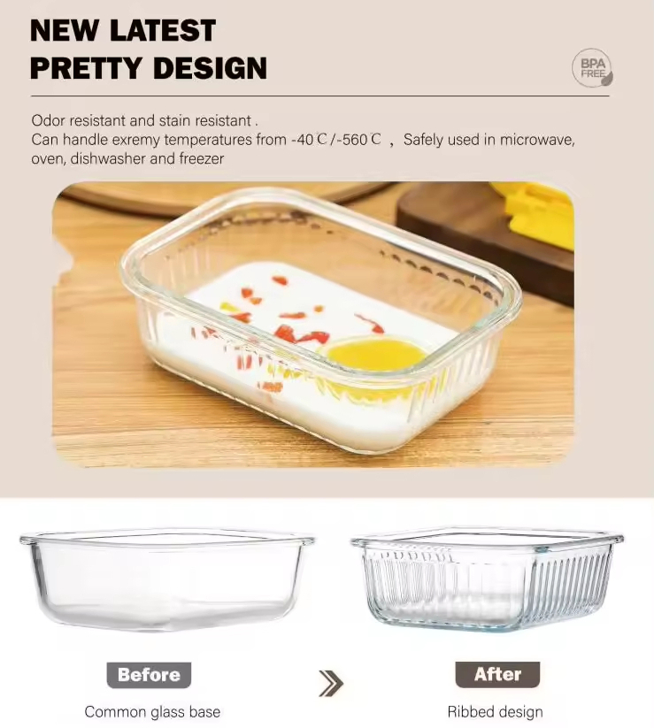New Design Ribbed Food Container Glass Lunch Boxes with Lids