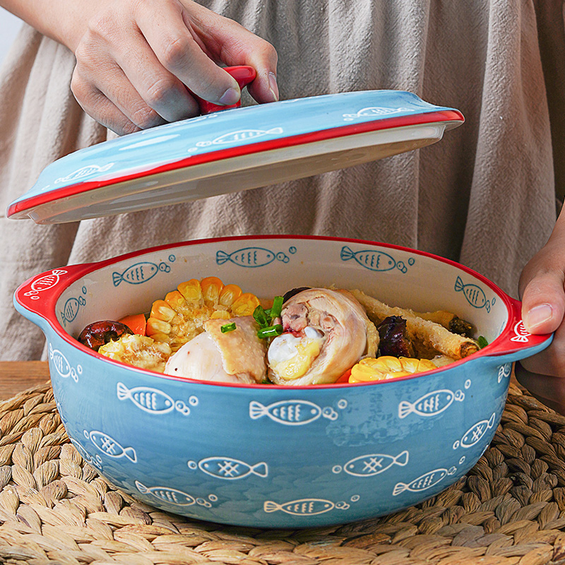 Japanese Style Porcelain Luxury Noodle Soup Bowl with Lid and Handle