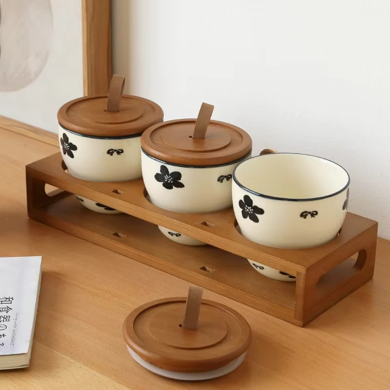 Wooden Rack and Lid Condiment Seasoning Jars Set Ceramic Spice Jar