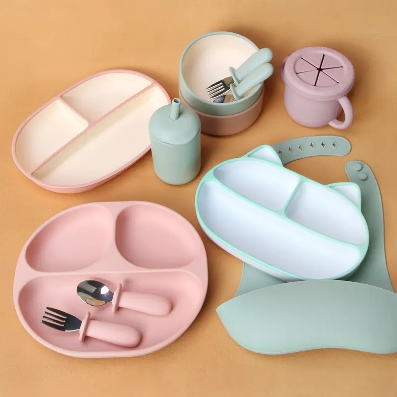 Silicone Kids Cute Bowl Plate Bib Cup Baby Feeding Products