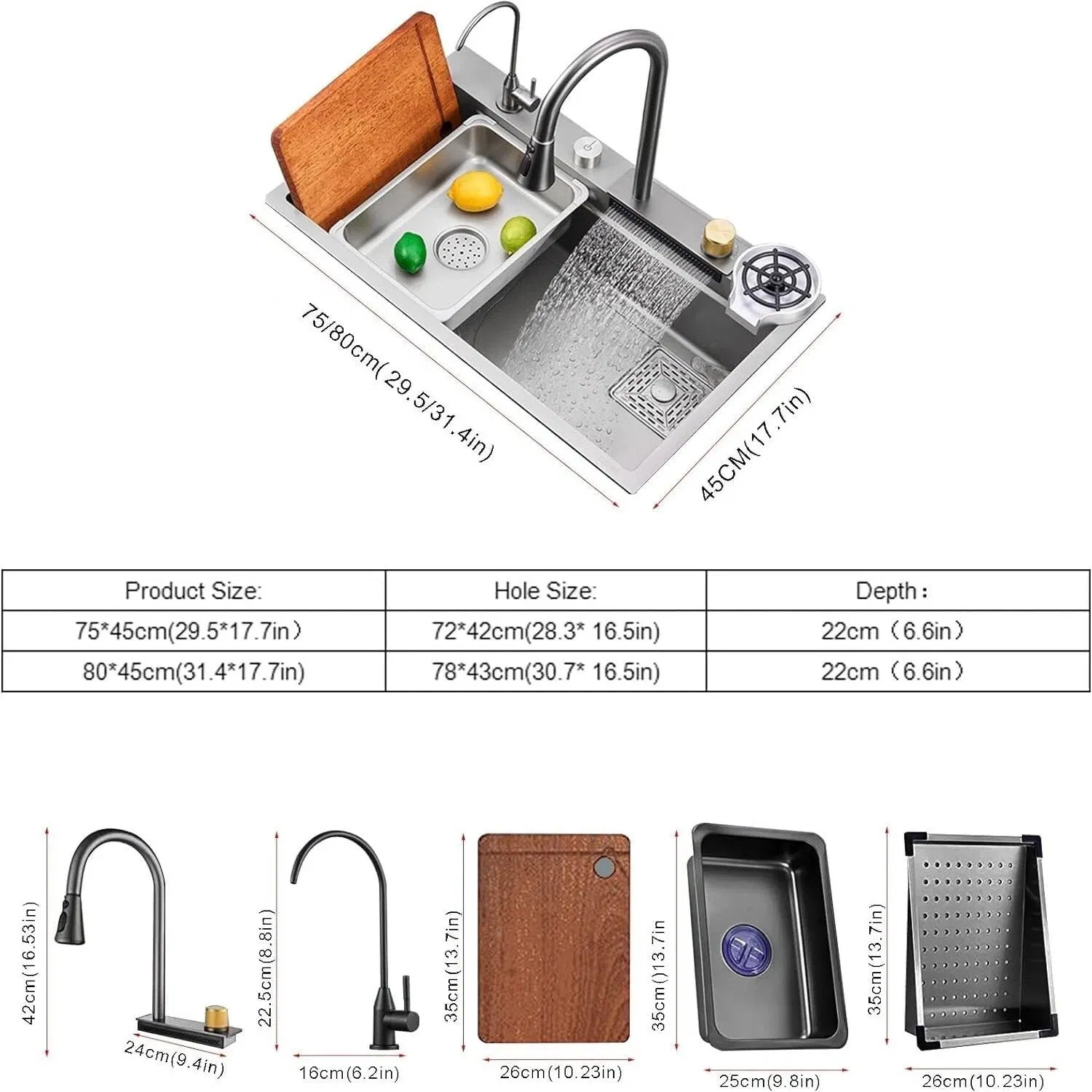 7545cm Wholesale Handmade Stainless Steel Smart Waterfall Multifunctional Kitchen Sink with Accessories