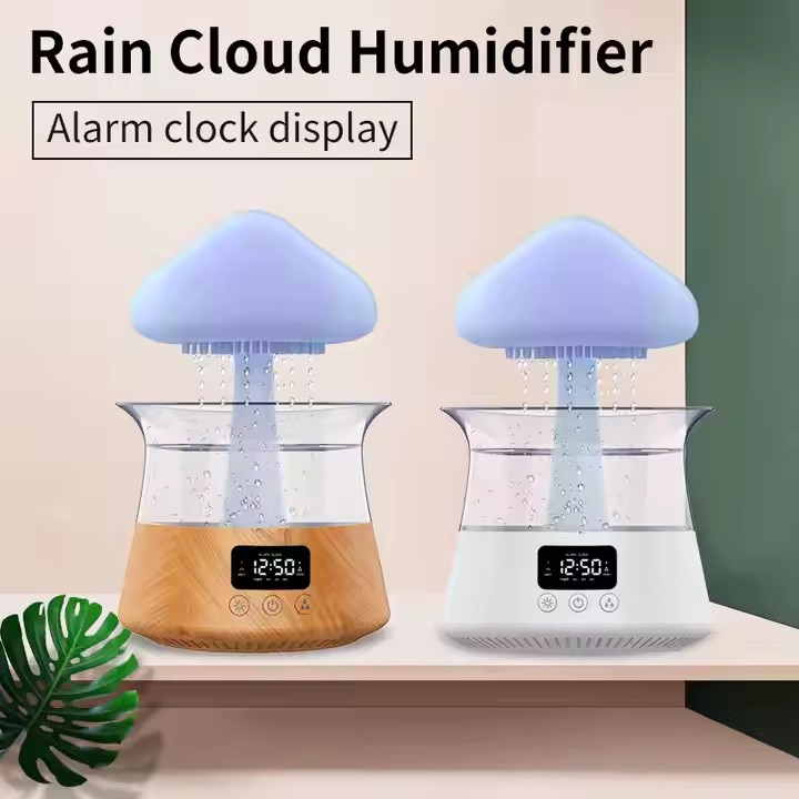 OEM Remote Electric Steam Humidifier New Design 7 Colors LED Night Light Water Drop Sound Cloud Raindrop Humidifier