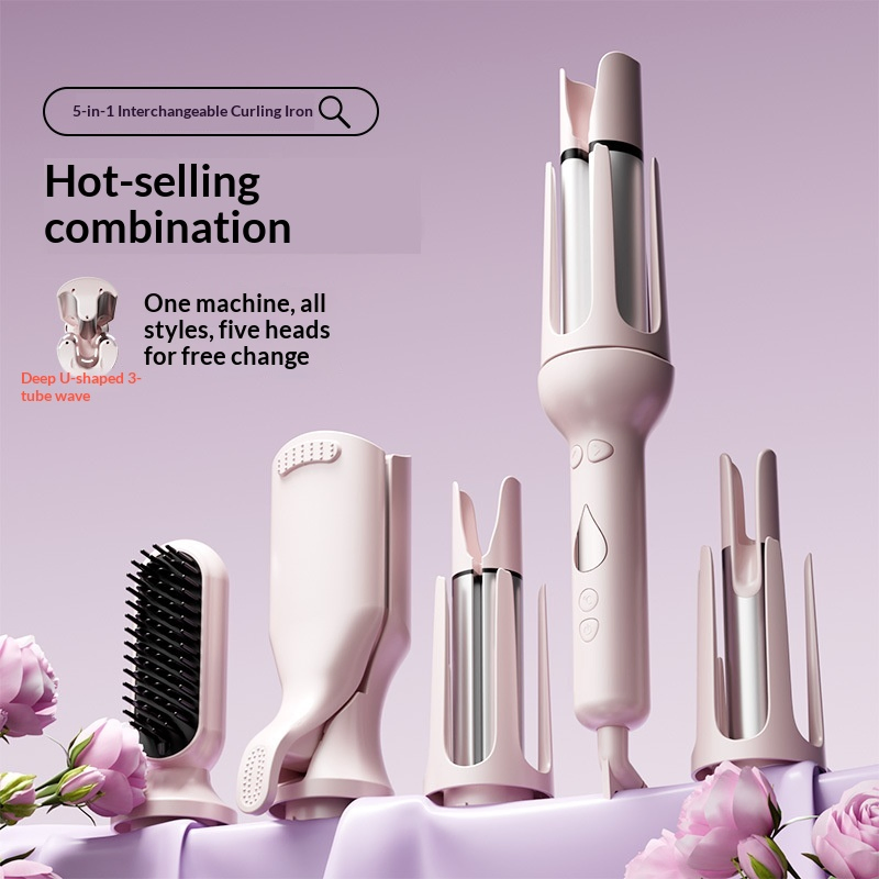 Automatic Rotating Curling Iron 5-in-1 Curling Wand, Hair Crimper & Straightening Brush, Rotating Ceramic Curler Curly and Straight Hair Comb for Long-Lasting