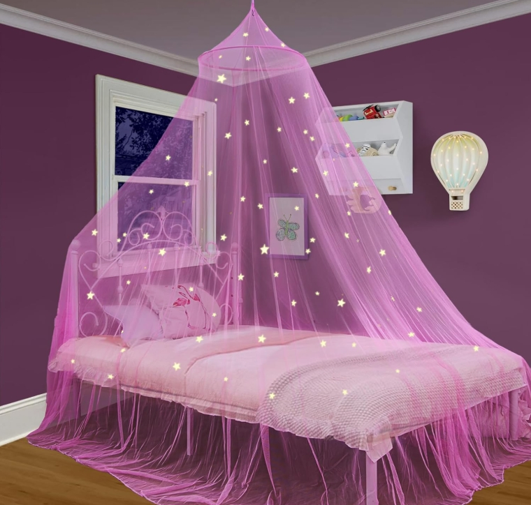 Princess Bed Canopy for Girls Room with Glowing Stars Ceiling Bed Canopy Curtains for Twin Full Size Beds Ideal Gift for Girls Pink