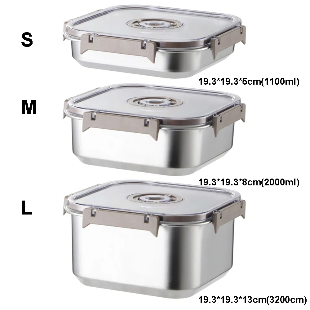 3PCS/Set Middle-Sized Square Stainless Steel Food Storage Containers Preservation Box (1100/2000/3200ML)