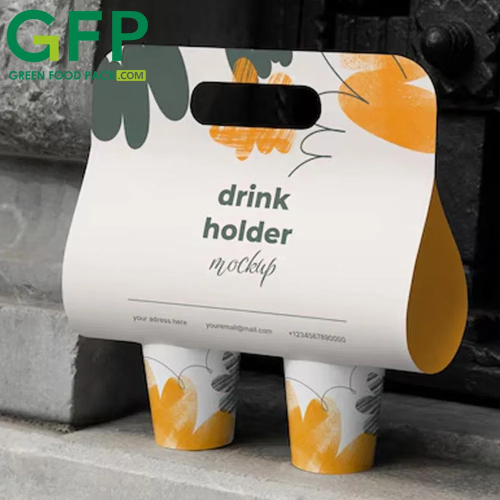 Custom Printed Disposable 2-Cup Carrier Double Wall Kraft White Cardboard Cafe Cup Holders for Milk Tea Coffee Take Away Go