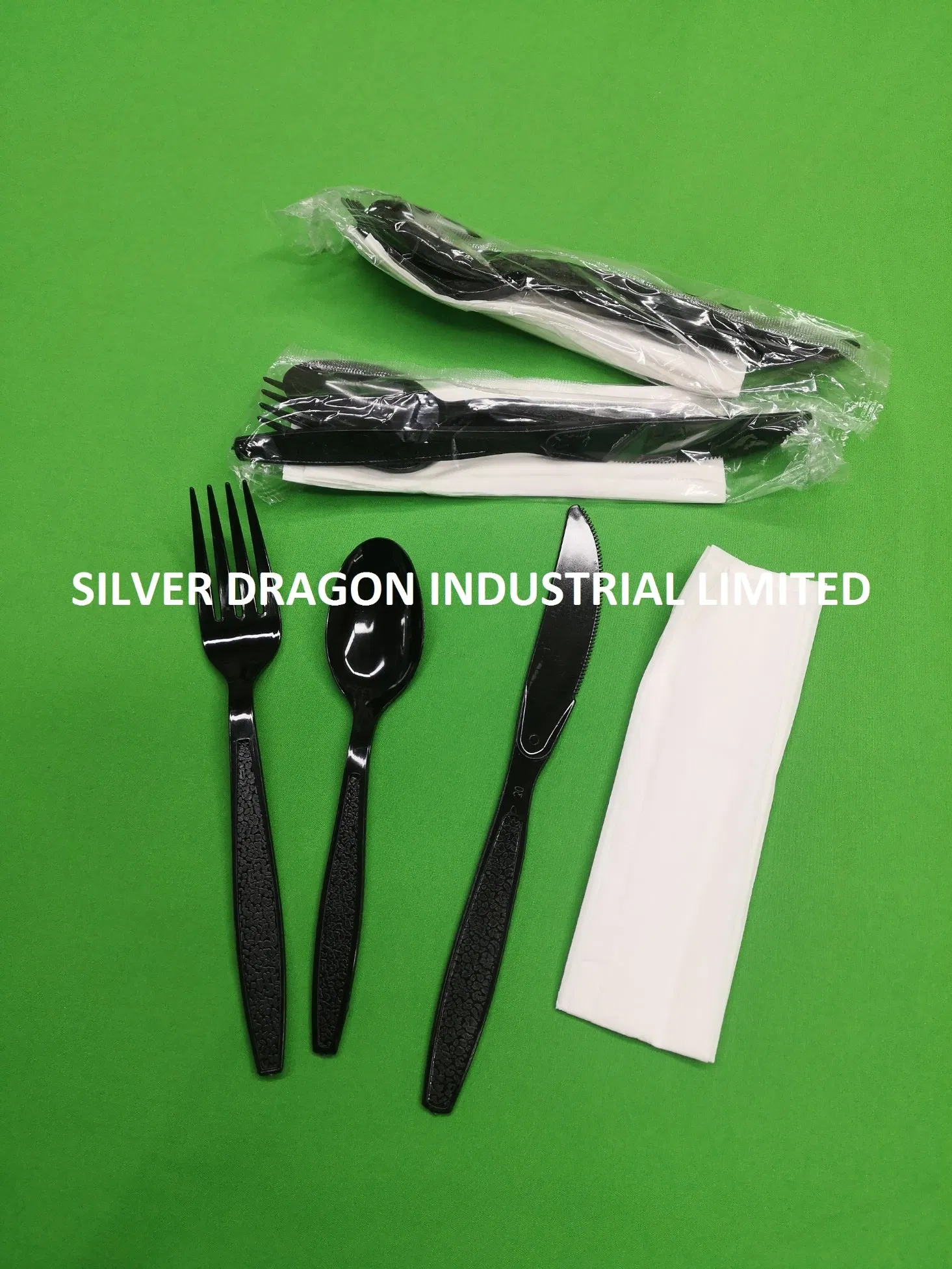 Black Disposable PS Plastic Cutlery Set (includes fork, knife, spoon & tissue each)