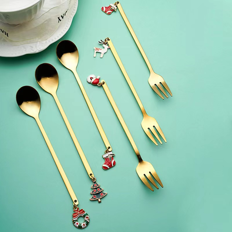 Hot Sale Christmas Special Cute Gift Set Stainless Steel Gold Cutlery Set Forks Dinnerware Tableware Set for Children Gift