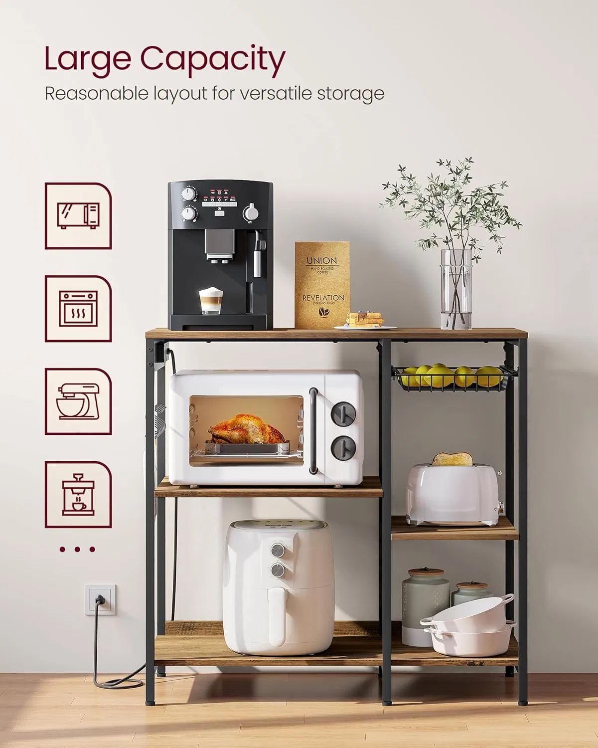Kitchen Storage Rack, Metal and Wood Panel, Large Capacity Metal Basket, Suitable for Kitchens