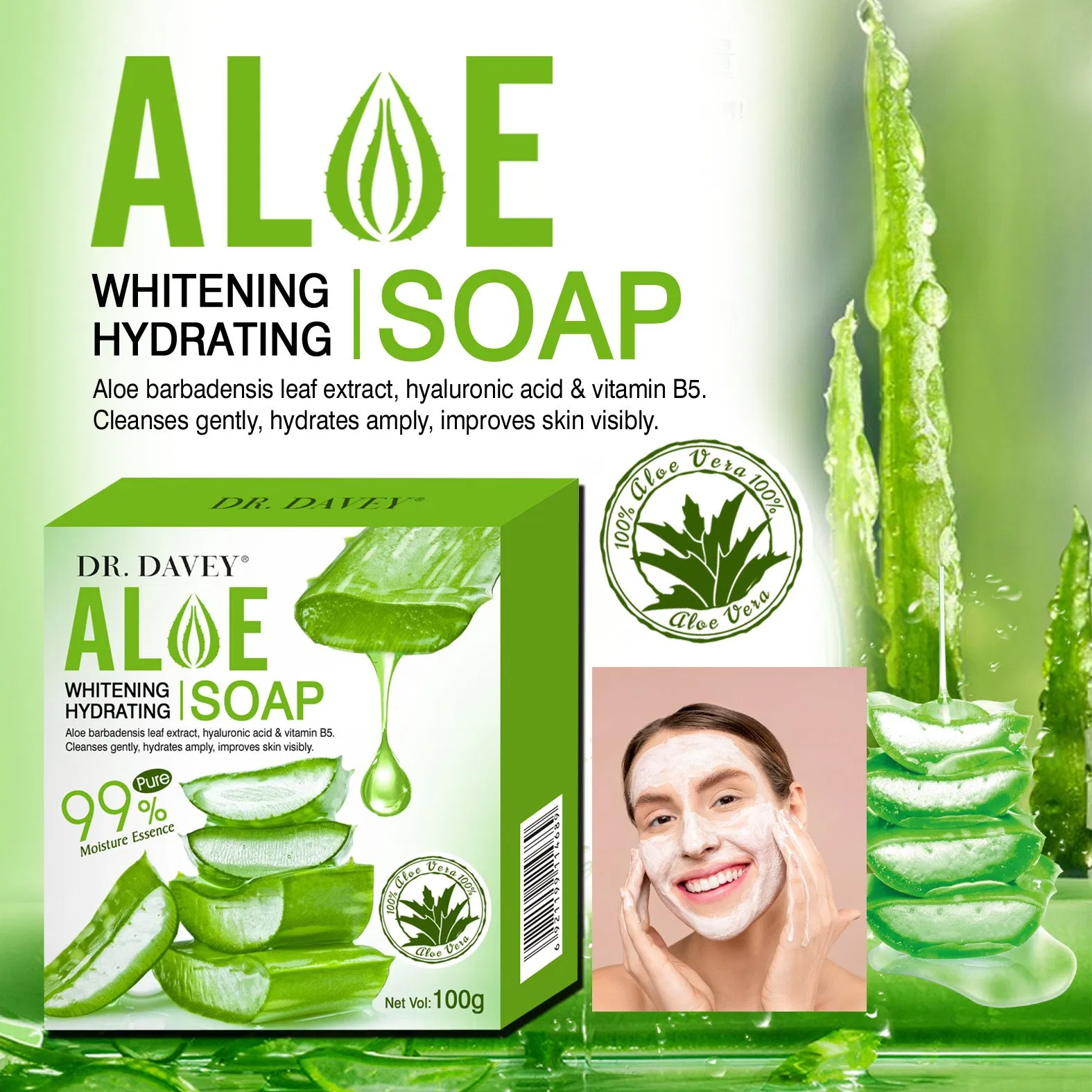 Dr. Davey Smoothing Whitening Gentle Aloe Vera Cleaning Antiseptic Bar Green Exfoliating Soap