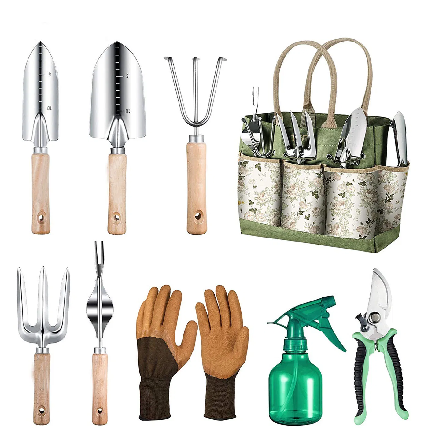 Wooden Handle Stainless Steel Gardening Planting Flowers Kettle Garden Tool Set