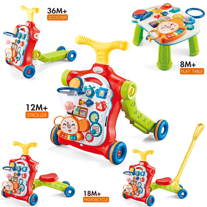 Amazon Hot Sell 5 in 1 Activity Learning Table Trolley Ride on Toys Kid Scooter Stroller Baby Walker with Wheels and Seat Music