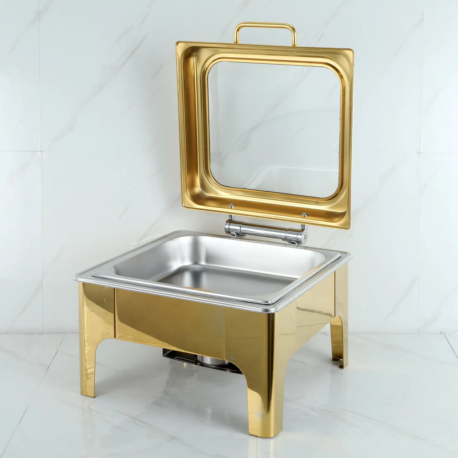 Gold Luxury Commercial Fuel Food Warmer Stainless Steel Chafing Dish with Modern Hotel Restaurant Buffets Square Glass Lid
