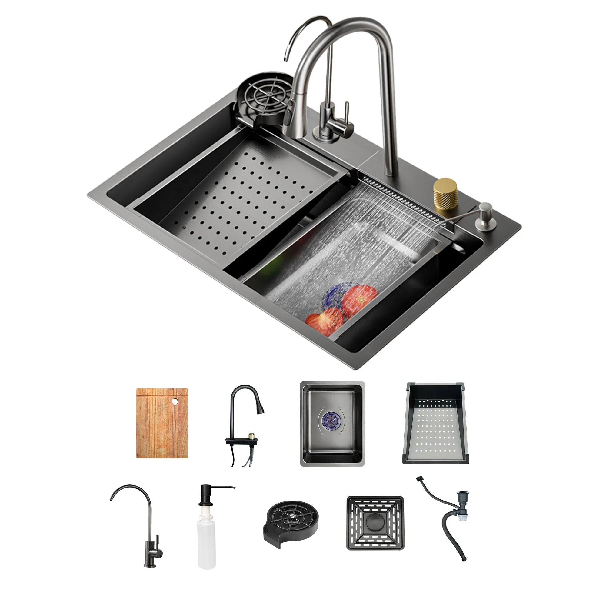 Modern Nano Scratch Resistant Double Bowl Stainless Steel Waterfall Style Kitchen Sink