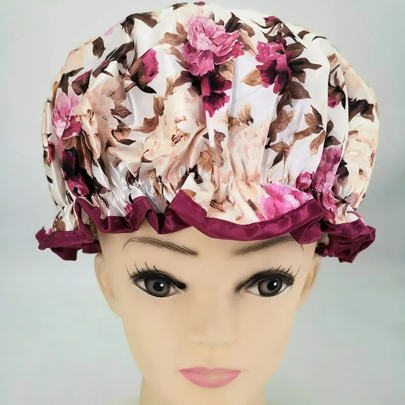 Popular Peony Printing Big Size Double Layer Bath Shower Cap