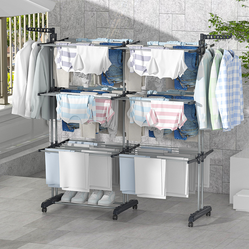 3 Tier Expandable Double Row Clothes Drying Rack Foldable Winged Laundry Rack Balcony Clothes Airer