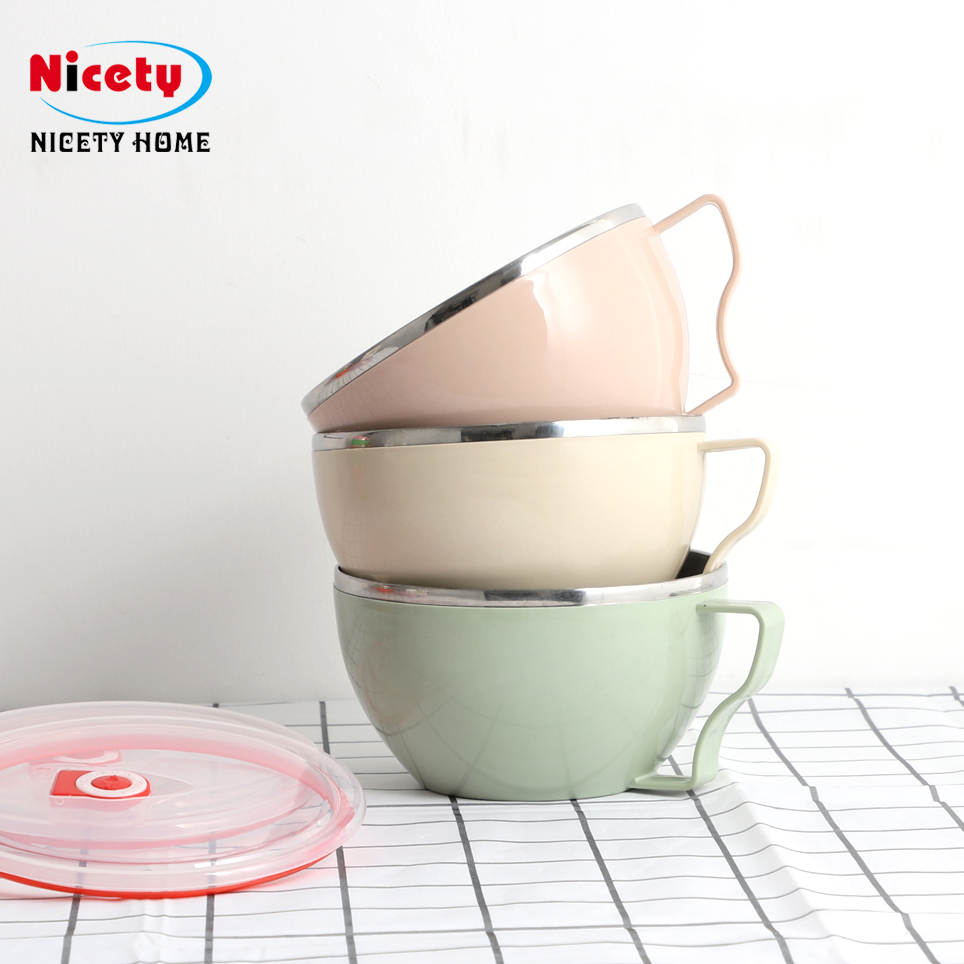 Wholesale Portable Plastic Soup Bowl Fruit Salad Bowl Stainless Steel Instant Noodle Bowl with Lids and Handle