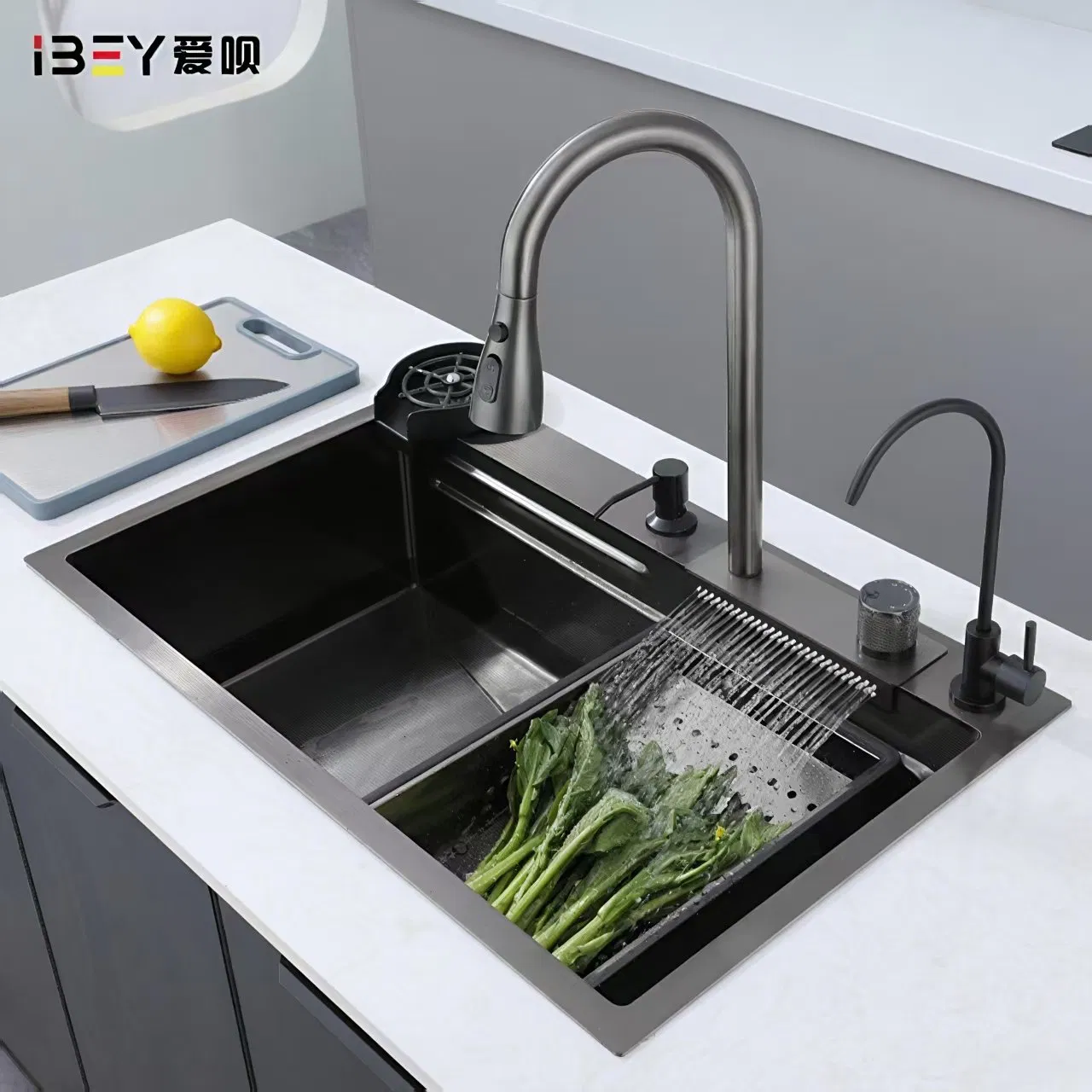 Elegant Handmade Stainless Steel Kitchen Sink with Modern Waterfall Faucet