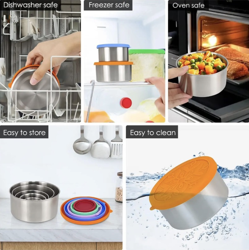 Stainless Steel Lidded Food Containers Set of 3 for Spices, Snacks & Kids Meals