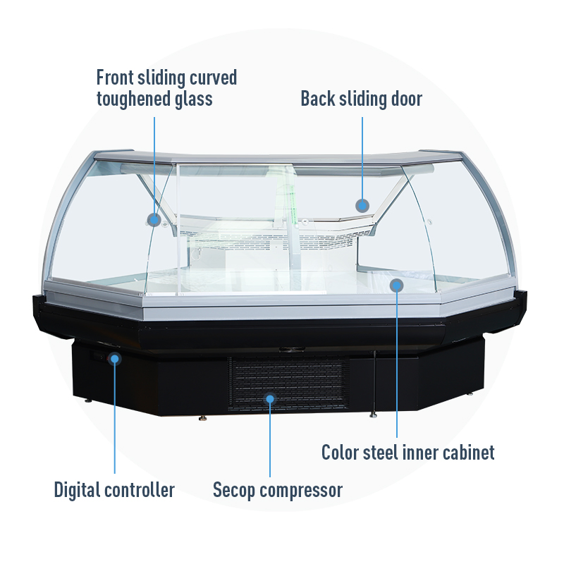 Commercial Supermarket Refrigeration Equipment Meat/Fruit Direct Cooling Cooler Curved Glass Combination Sliding Door Service Fridge Showcase Refrigerator