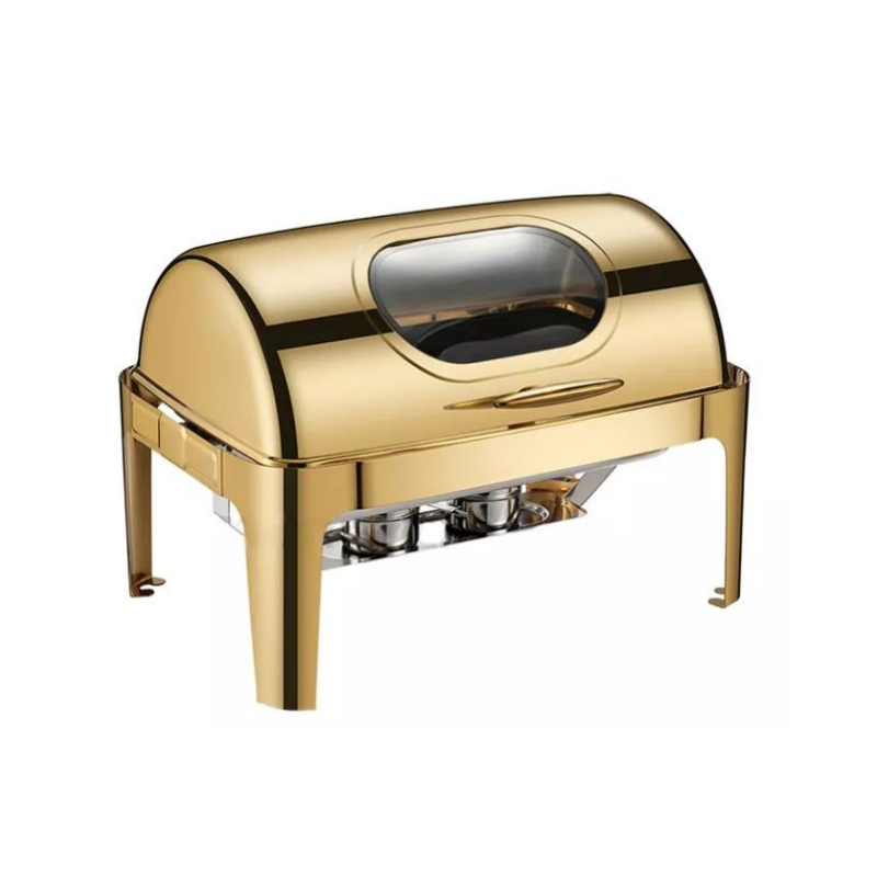 Full Size Roll Top Glass Lid Chafing Dish Oval Golden Dishes Kitchenware Service Buffet Dish