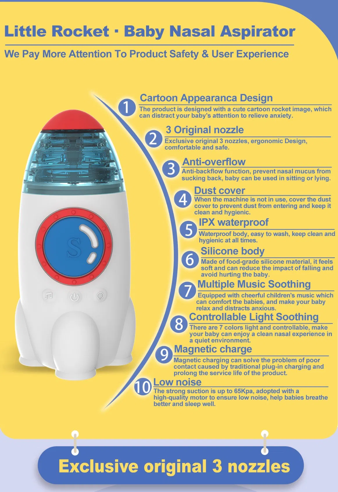 Rocket Design CE Approval Waterproof Quiet Kids Nose Cleaner Electric Baby Nasal Aspirator with Silicone Tips