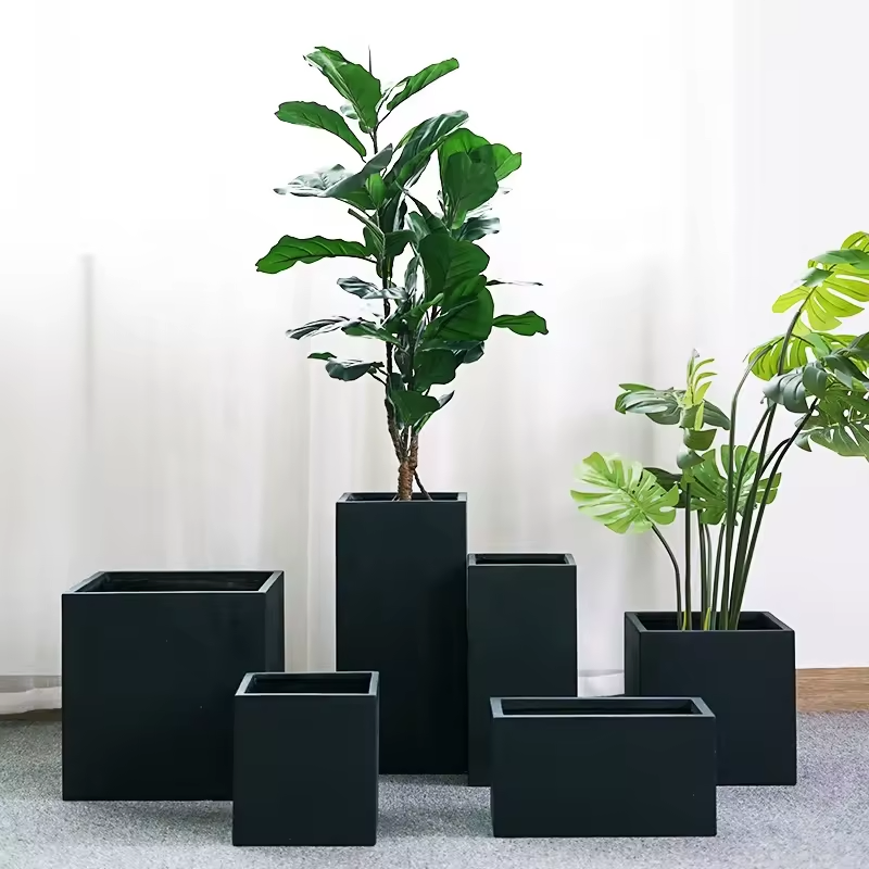 Large Contemporary Fiber Glass Outdoor Planter Box with Black Flower Pot