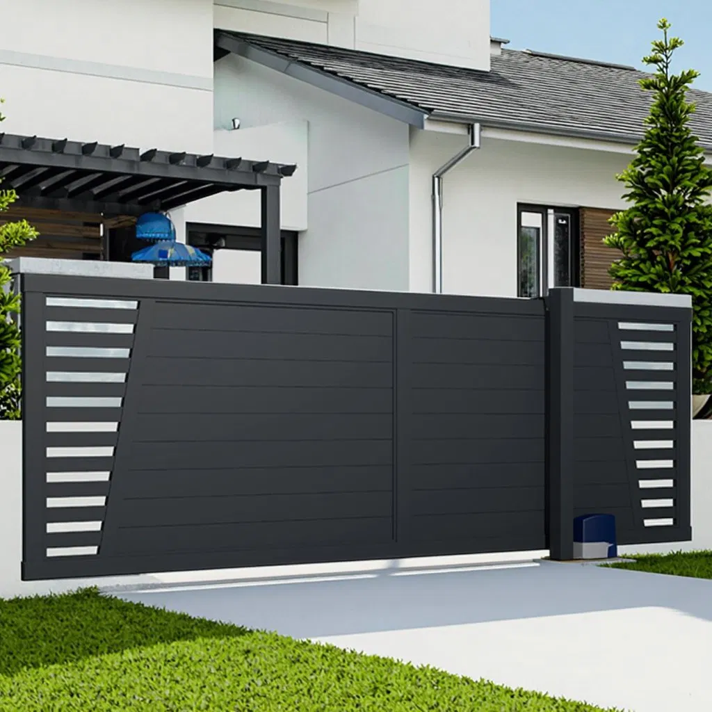 Automatic Retractable Modern Aluminum Sliding Gate with Pedestrian Door and 3D Modeling