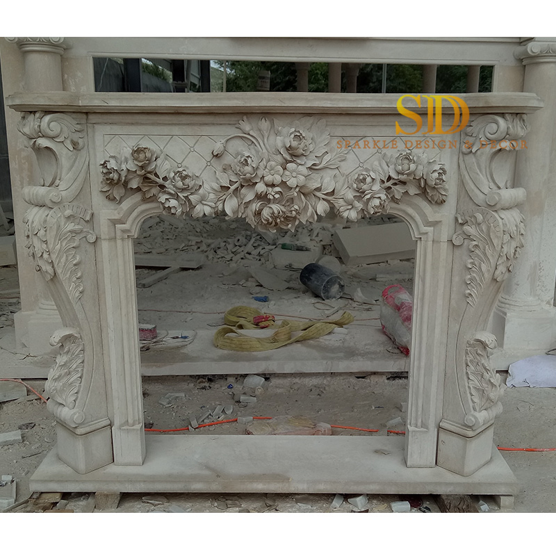 Egyptian Beige Marble Fireplace Mantel with Lady Staues