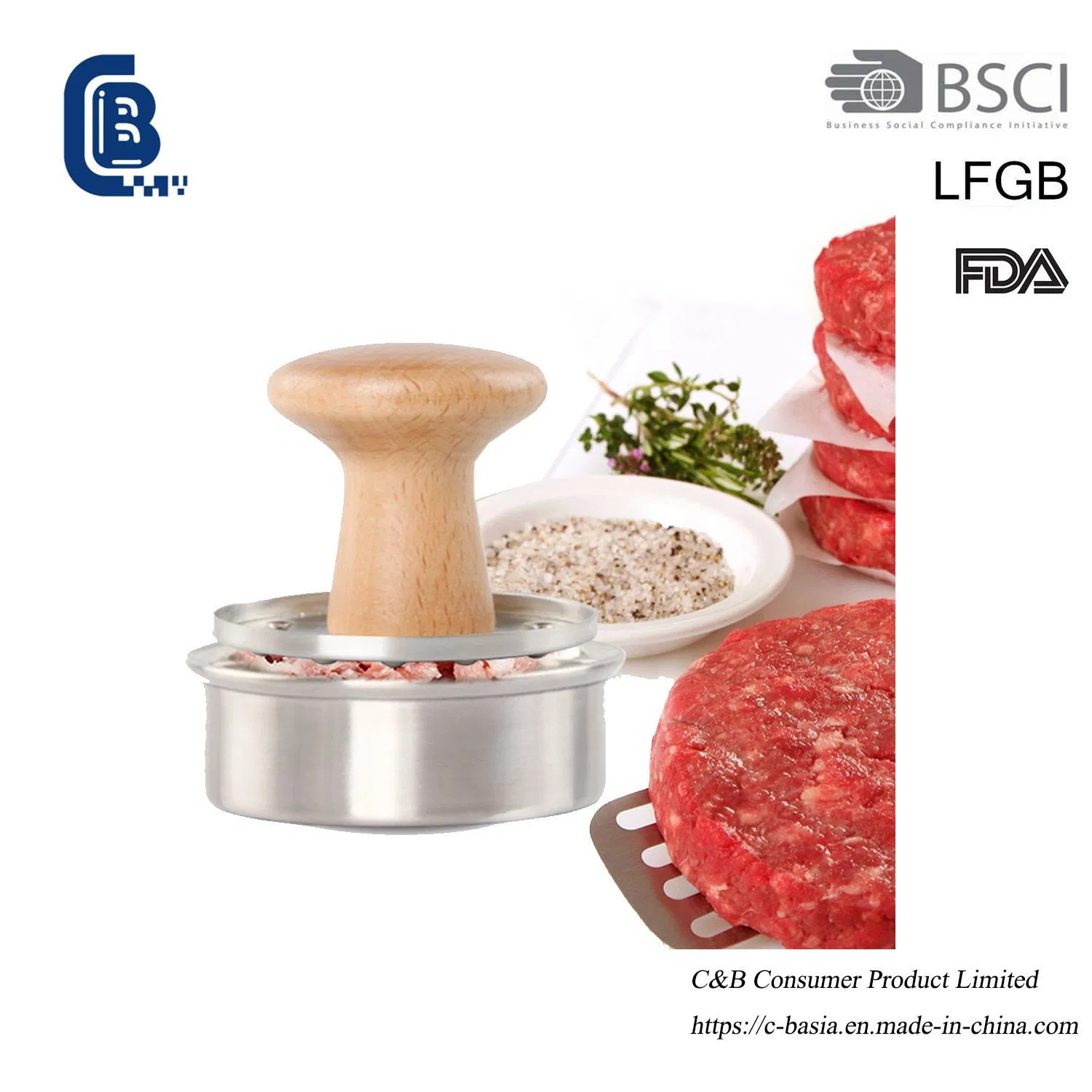 Durable Heat-Insulated Wooden Handle Stainless Steel Steak & Burger Patty Press