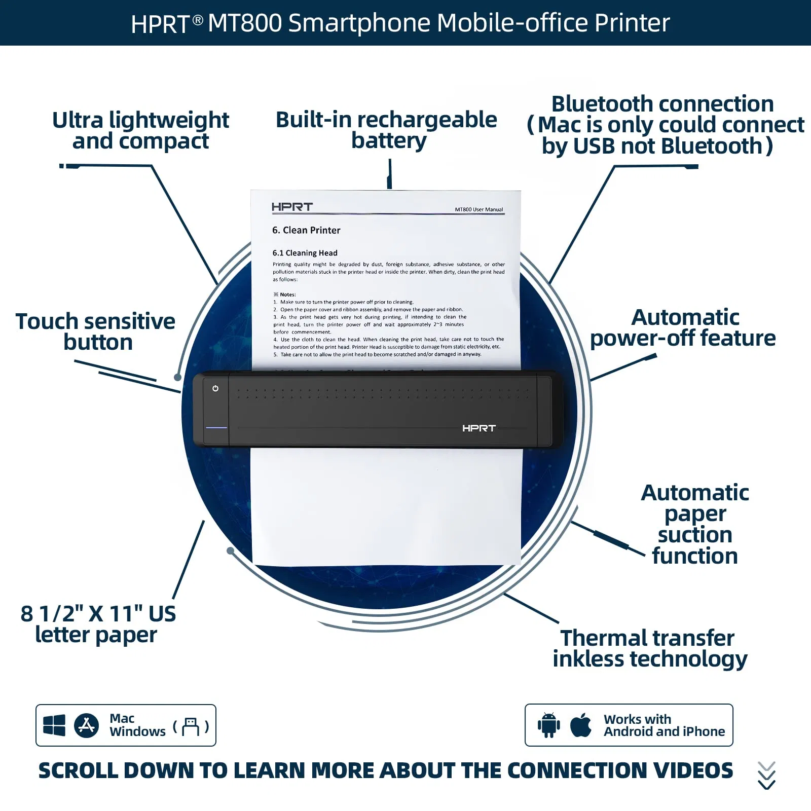 Hprt China Manufacturer Original Mt800 Portable A4 Paper Thermal Bluetooth Mobile Printer