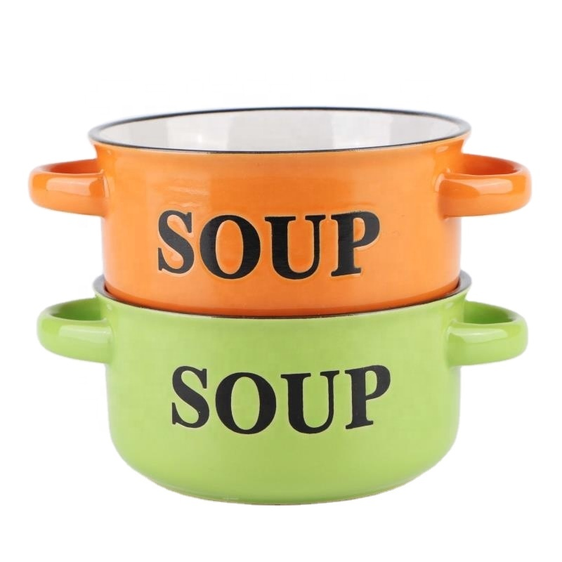 Wholesale Stoneware Double Handle Salad Bowl Soup Bowl Stoneware Personalized Ceramic Noodle Bowl