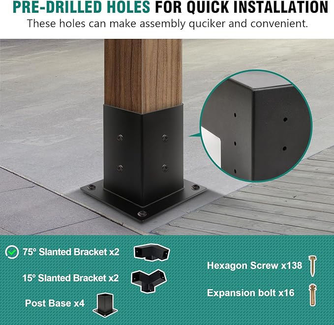 15° Pergola Brackets 75° Corner Bracket with Post Base