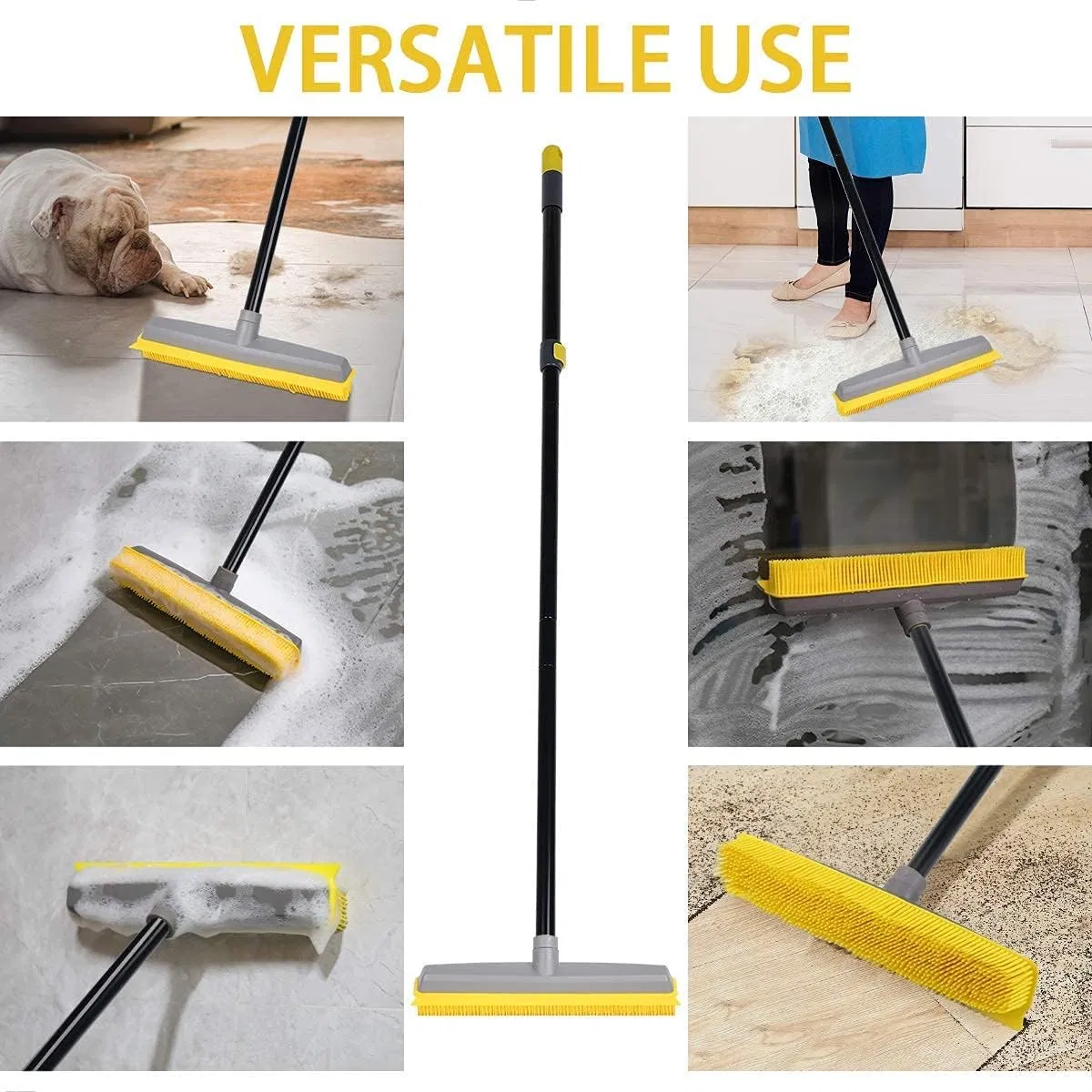 Long Push Rubber Broom Bristles Sweeper Squeegee Scratch Free Bristle Broom for Pet Cat Dog Hair Carpet Hardwood Windows Clean